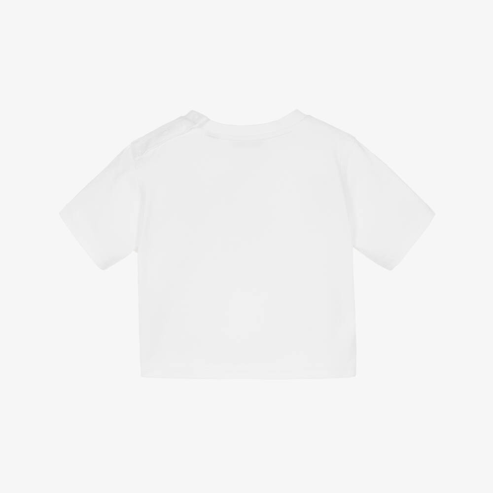 Burberry-White Cotton Thomas ​Bear Baby T-Shirt with Flocked Logo | Childrensalon