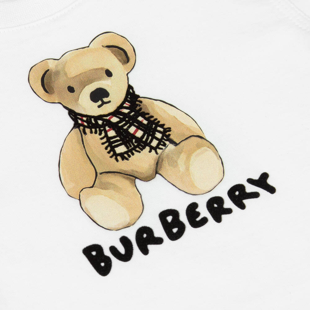 Burberry-White Cotton Thomas ​Bear Baby T-Shirt with Flocked Logo | Childrensalon