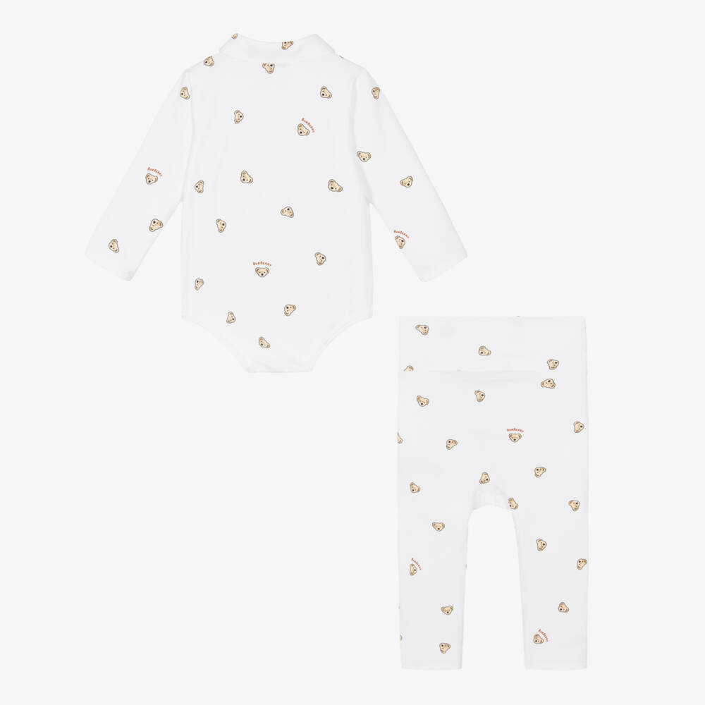 Burberry-White Cotton Thomas Bear Babysuit Gift Set | Childrensalon