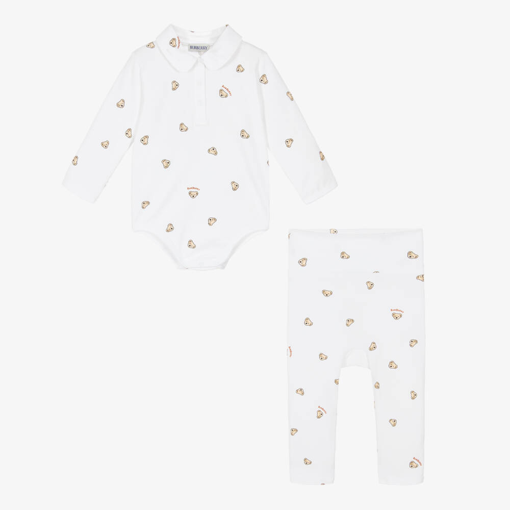 Burberry-White Cotton Thomas Bear Babysuit Gift Set | Childrensalon