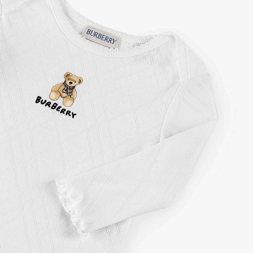 Burberry-White Cotton Thomas Bear Logo Bodysuit | Childrensalon
