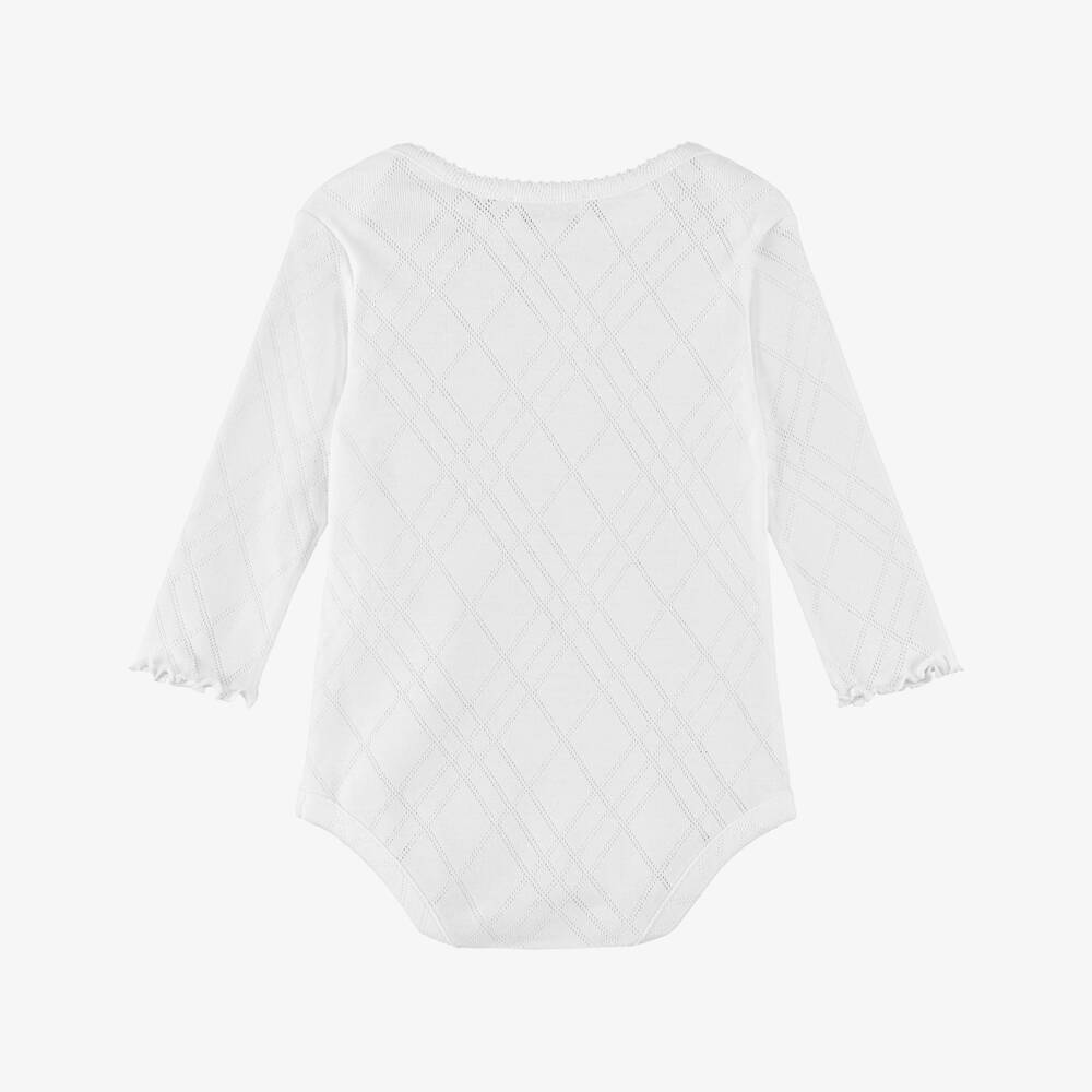 Burberry-White Cotton Thomas Bear Logo Bodysuit | Childrensalon
