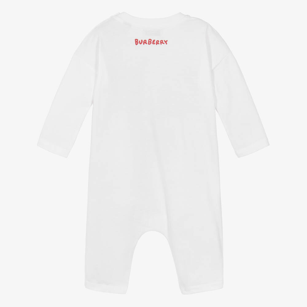 Burberry-White Cotton Thomas Bear Romper | Childrensalon