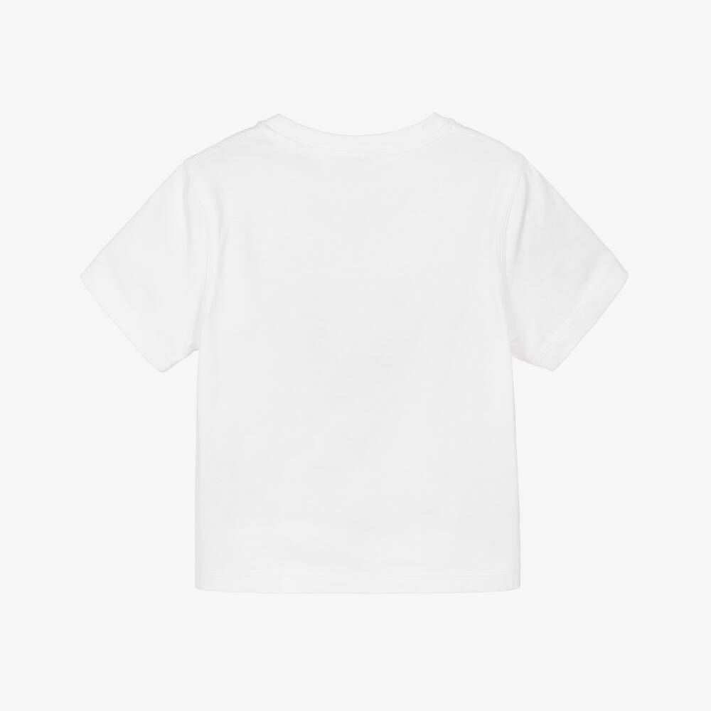 Burberry-White Cotton Thomas ​Bear T-Shirt with Flocked Logo | Childrensalon