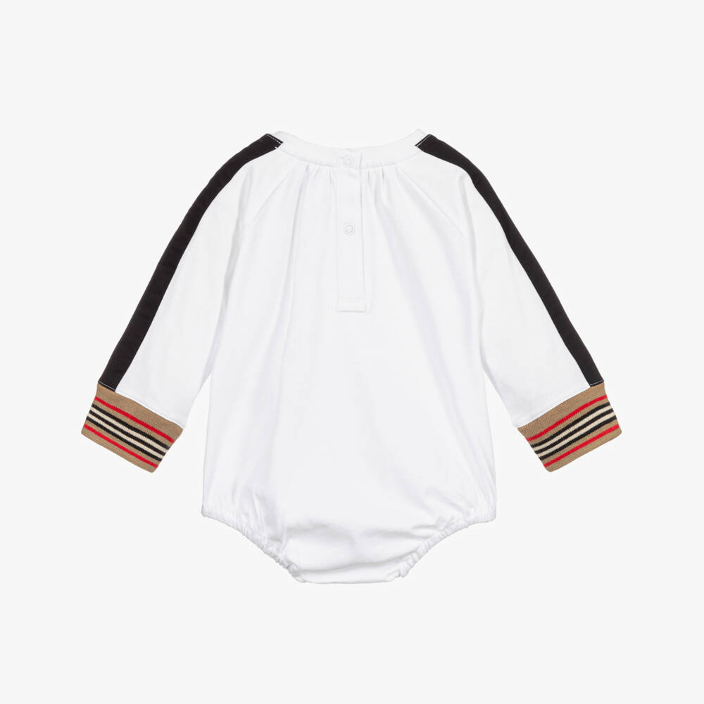 Burberry-White Icon Stripe Cotton Bodysuit | Childrensalon
