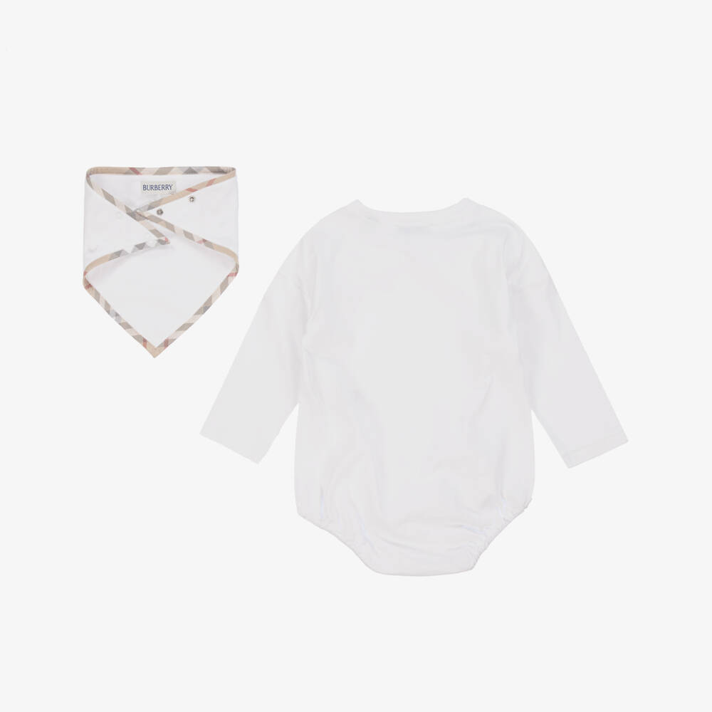 Burberry-White & Ivory Cotton Thomas Bear Babysuit Gift Set | Childrensalon