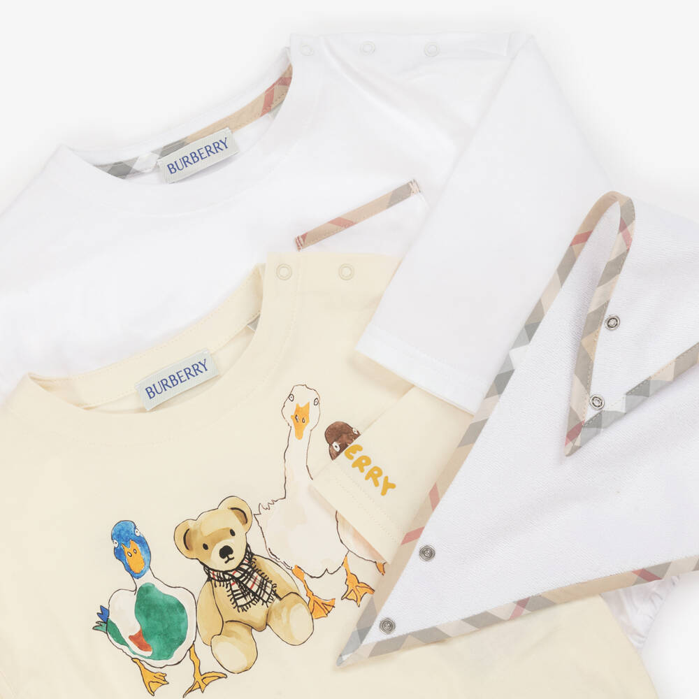 Burberry-White & Ivory Cotton Thomas Bear Babysuit Gift Set | Childrensalon