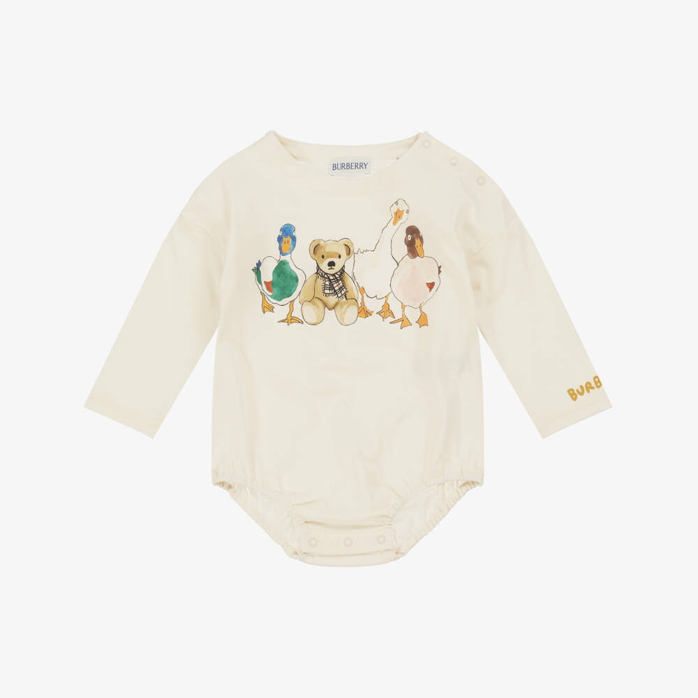 Burberry-White & Ivory Cotton Thomas Bear Babysuit Gift Set | Childrensalon