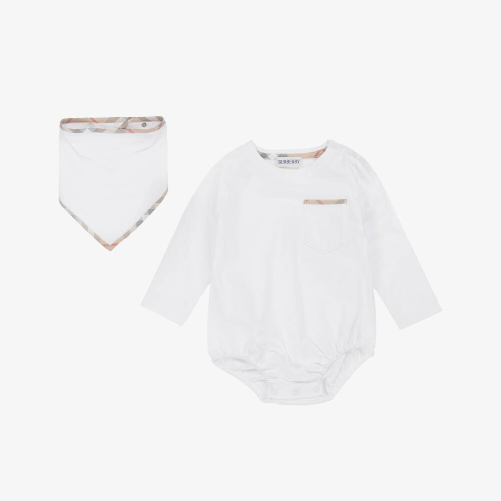 Burberry-White & Ivory Cotton Thomas Bear Babysuit Gift Set | Childrensalon