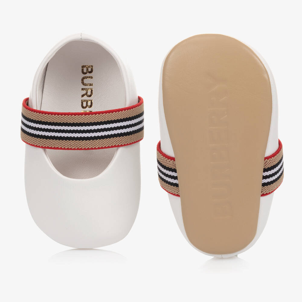 Burberry-White Leather Icon Stripe Baby Shoes | Childrensalon