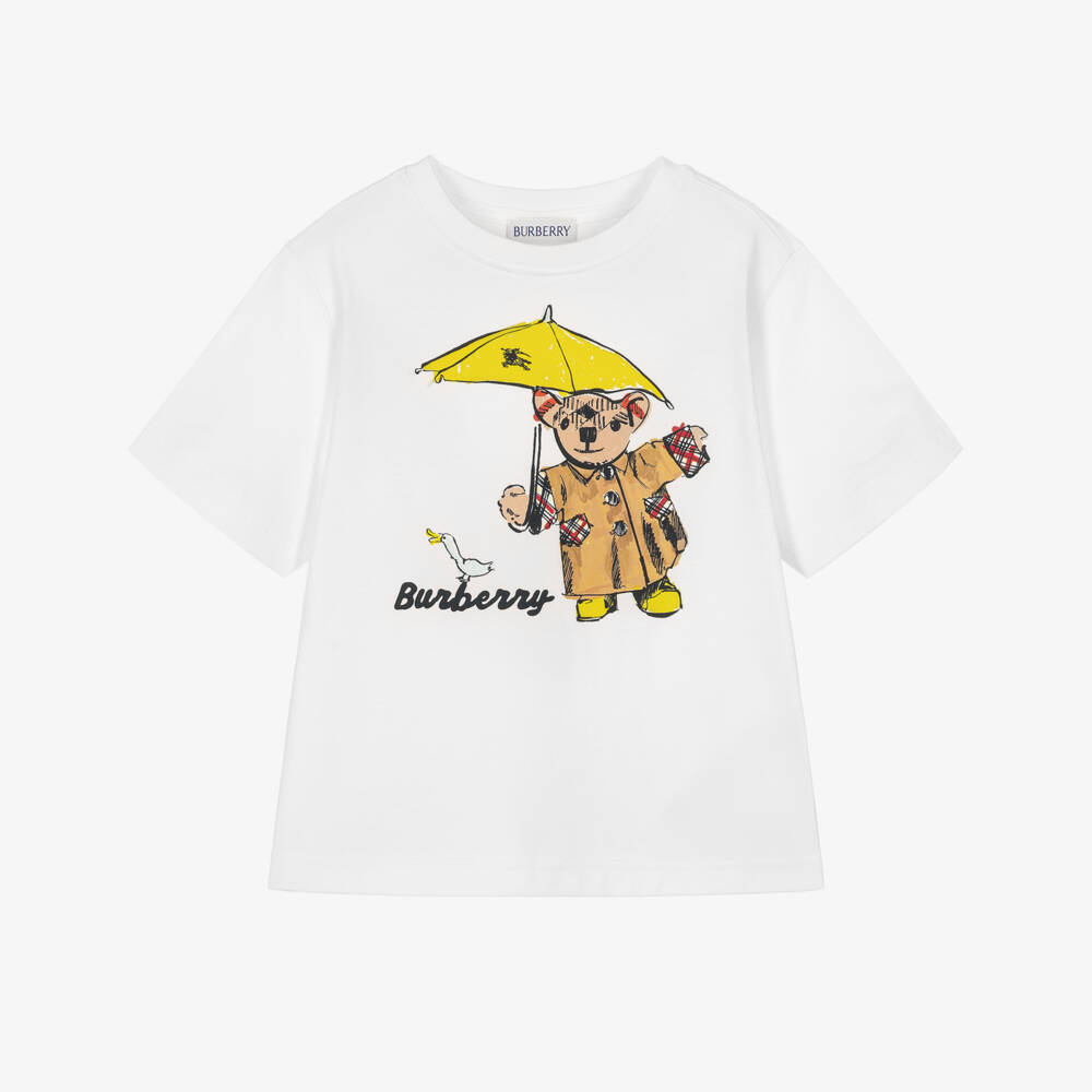 Burberry-White Rainy Day Thomas Bear Cotton T-Shirt | Childrensalon