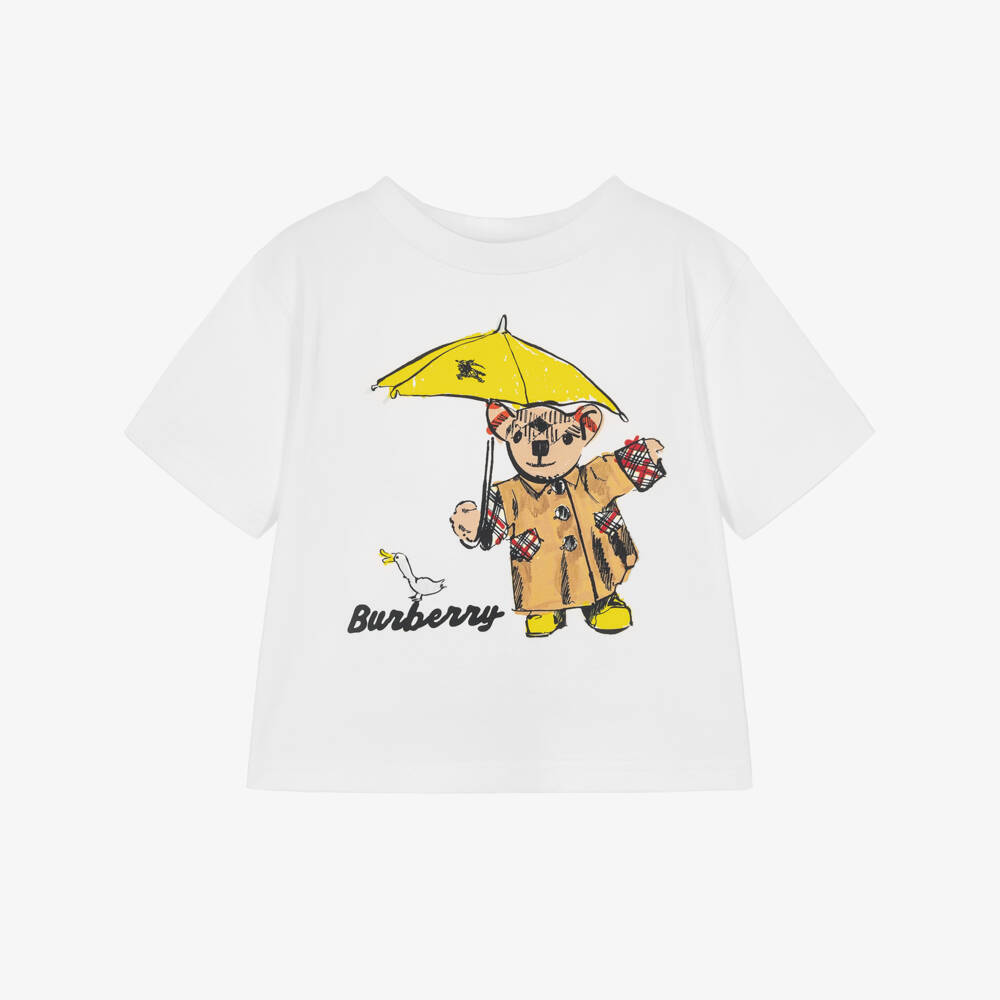 Burberry-White Rainy Day Thomas Bear T-Shirt | Childrensalon