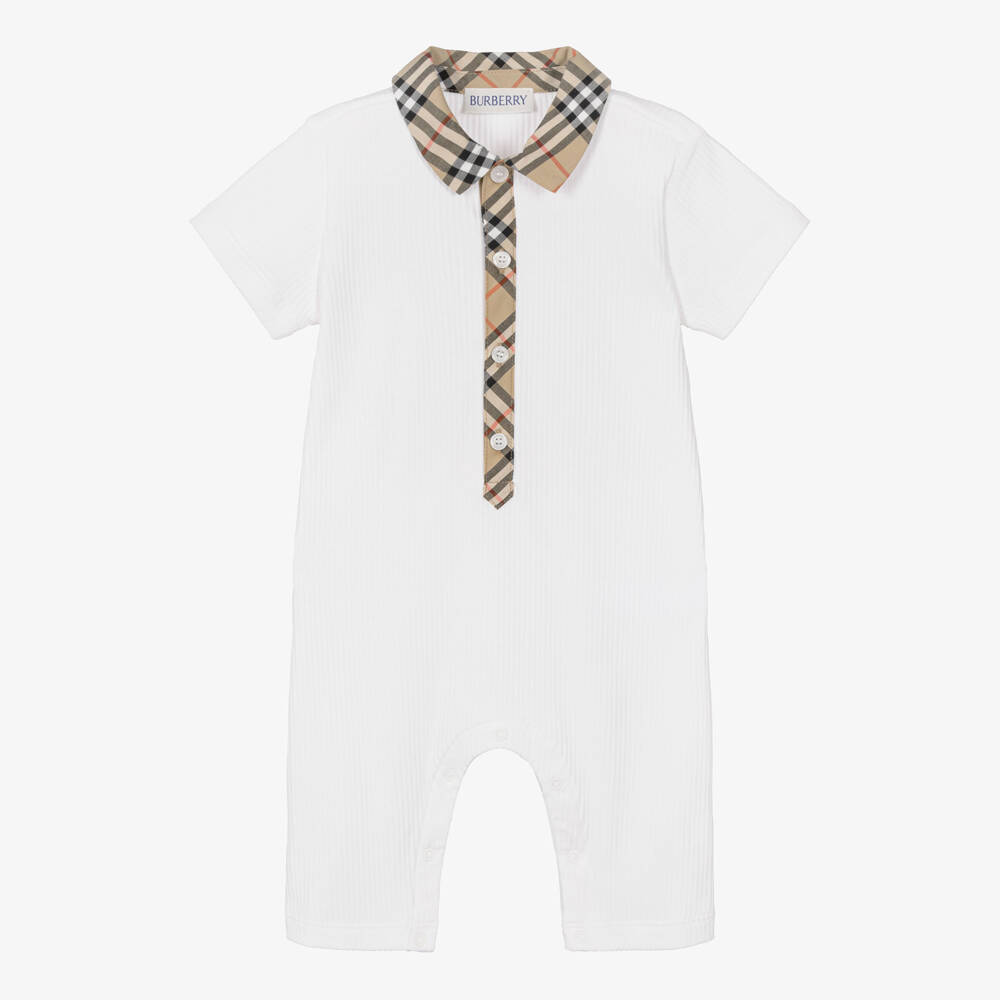 Burberry-White Ribbed Baby Shortie with Burberry Check | Childrensalon