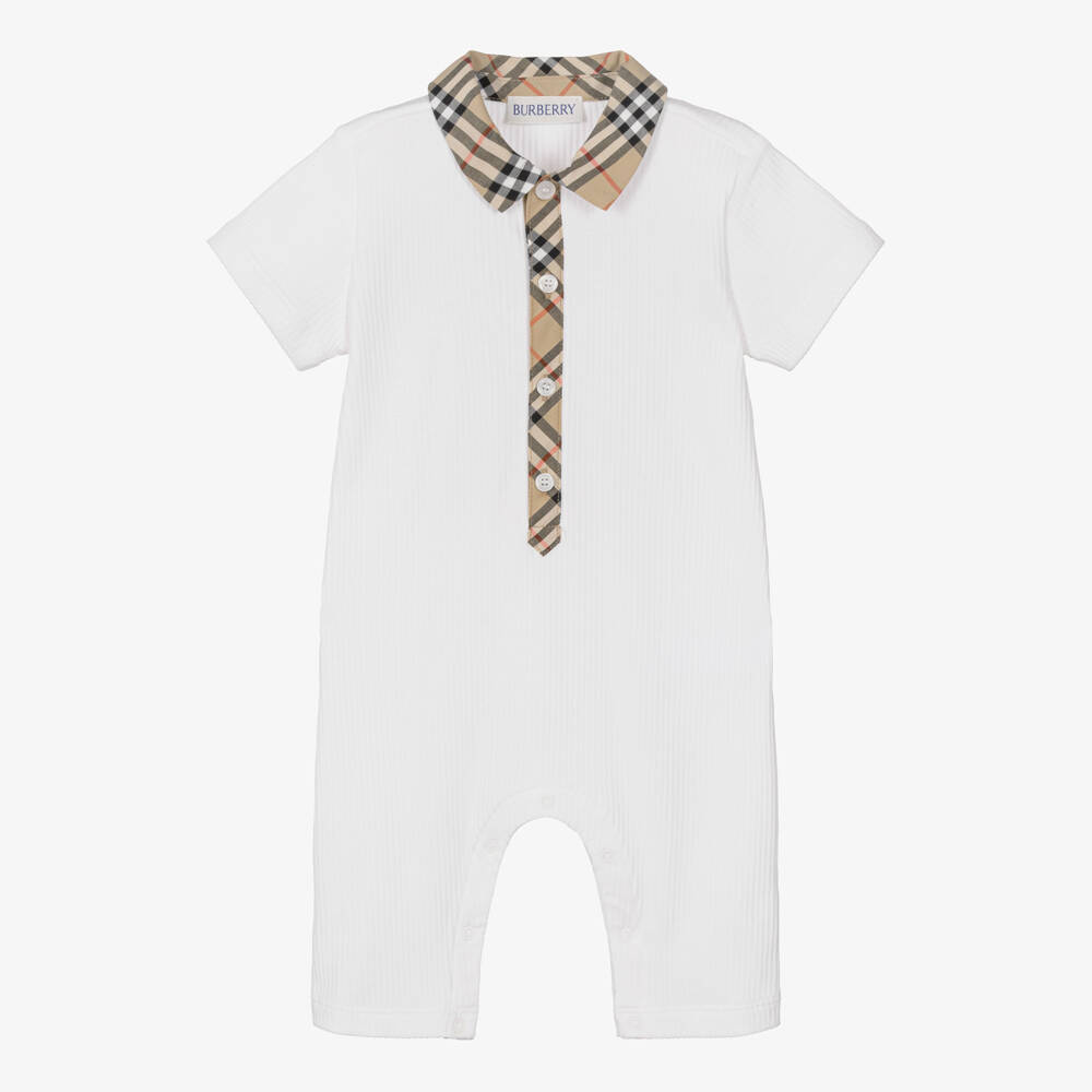 Burberry-White Ribbed Baby Shortie with Burberry Check | Childrensalon