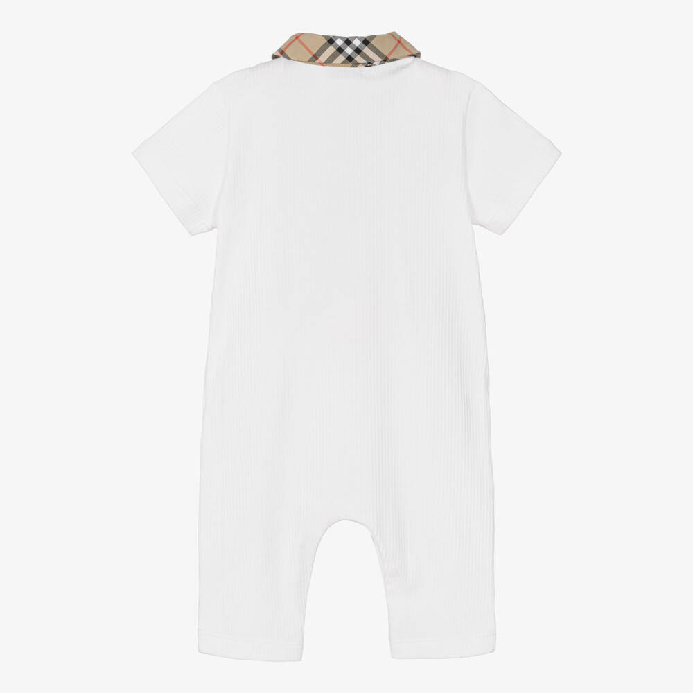 Burberry-White Ribbed Baby Shortie with Burberry Check | Childrensalon