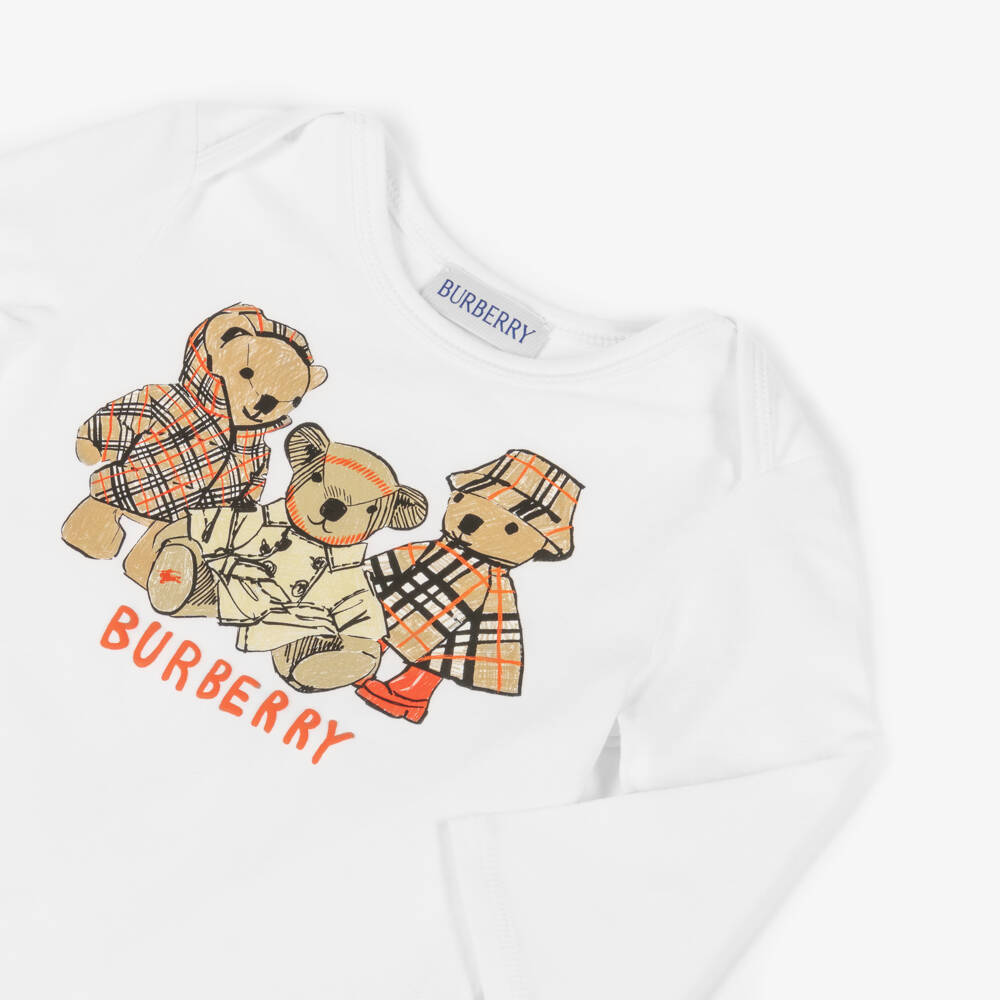 Burberry-White Thomas Bear Print Cotton Jersey Romper | Childrensalon