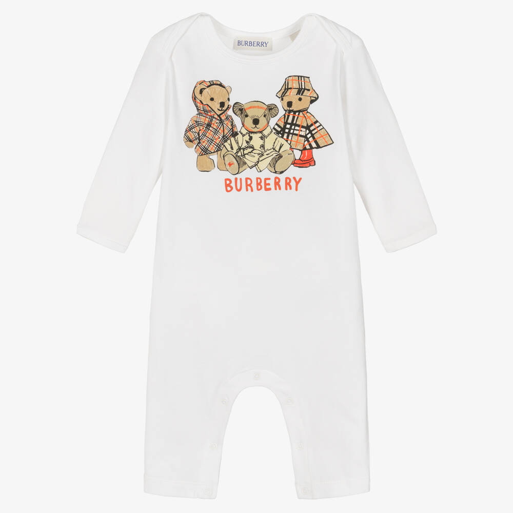 Burberry-White Thomas Bear Print Cotton Jersey Romper | Childrensalon