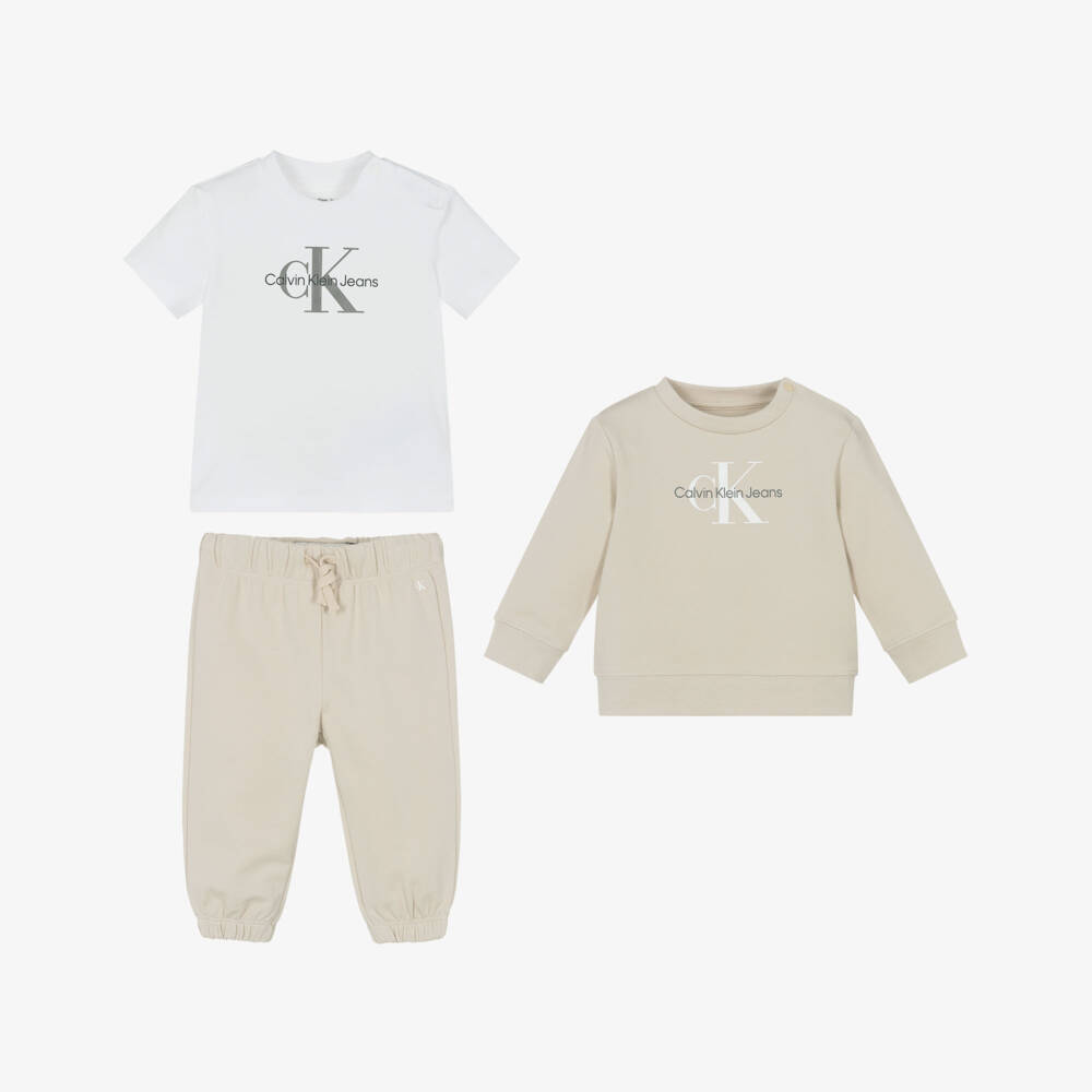 Calvin Klein-Baby Boys Beige Cotton Monogram Tracksuit Set | Childrensalon