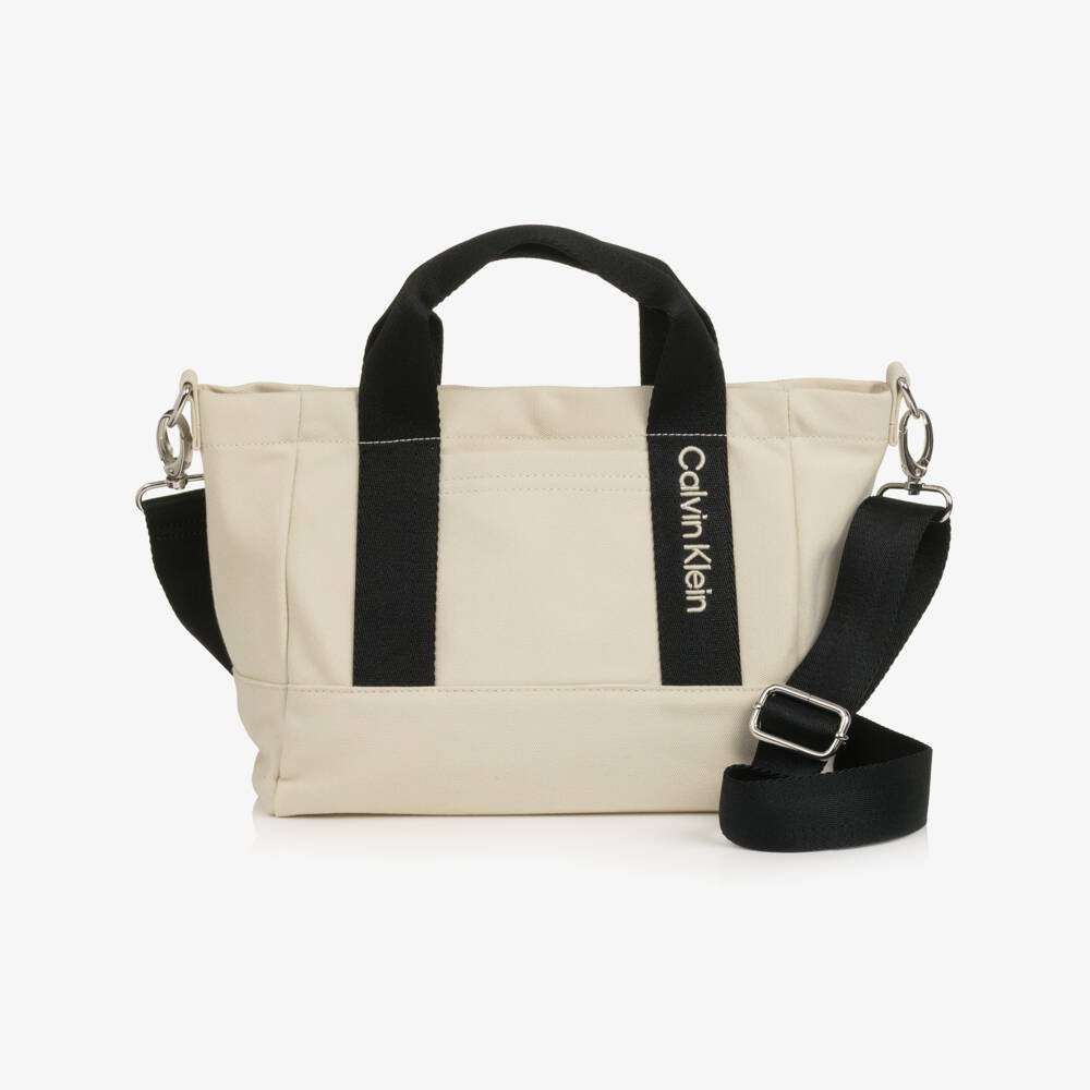 Calvin Klein-Beige Canvas Handbag with Embroidered Logo (25cm) | Childrensalon