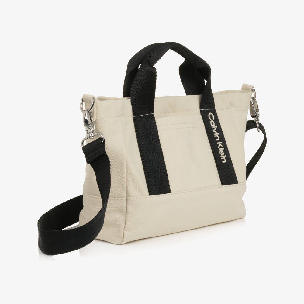 Calvin Klein-Beige Canvas Handbag with Embroidered Logo (25cm) | Childrensalon