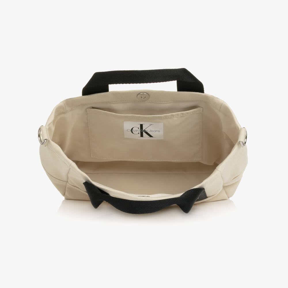 Calvin Klein-Beige Canvas Handbag with Embroidered Logo (25cm) | Childrensalon