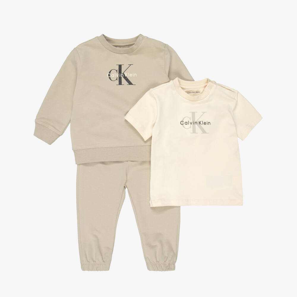 Calvin Klein-Beige Cotton Tracksuit & T-Shirt Set with Monogram Logo | Childrensalon