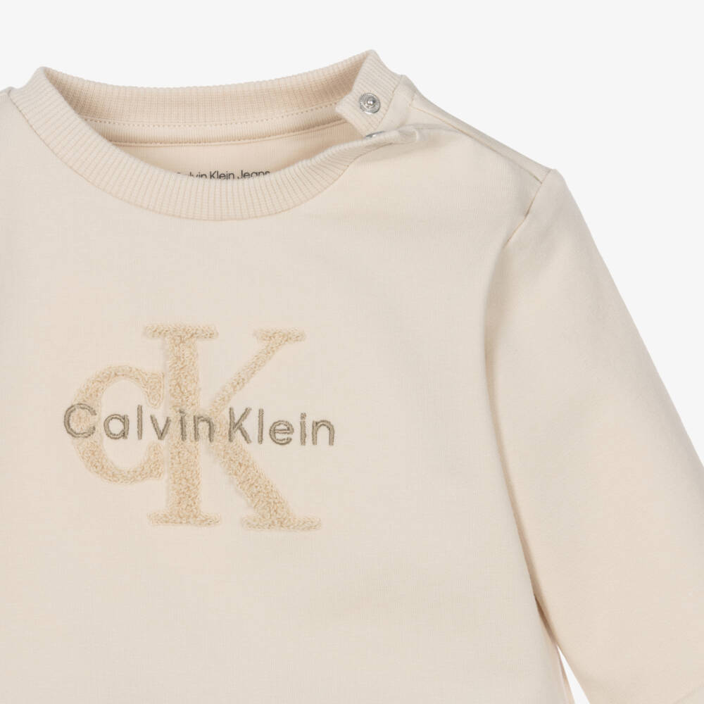 Calvin Klein-Beige Cotton Tracksuit with Bouclé Logo | Childrensalon