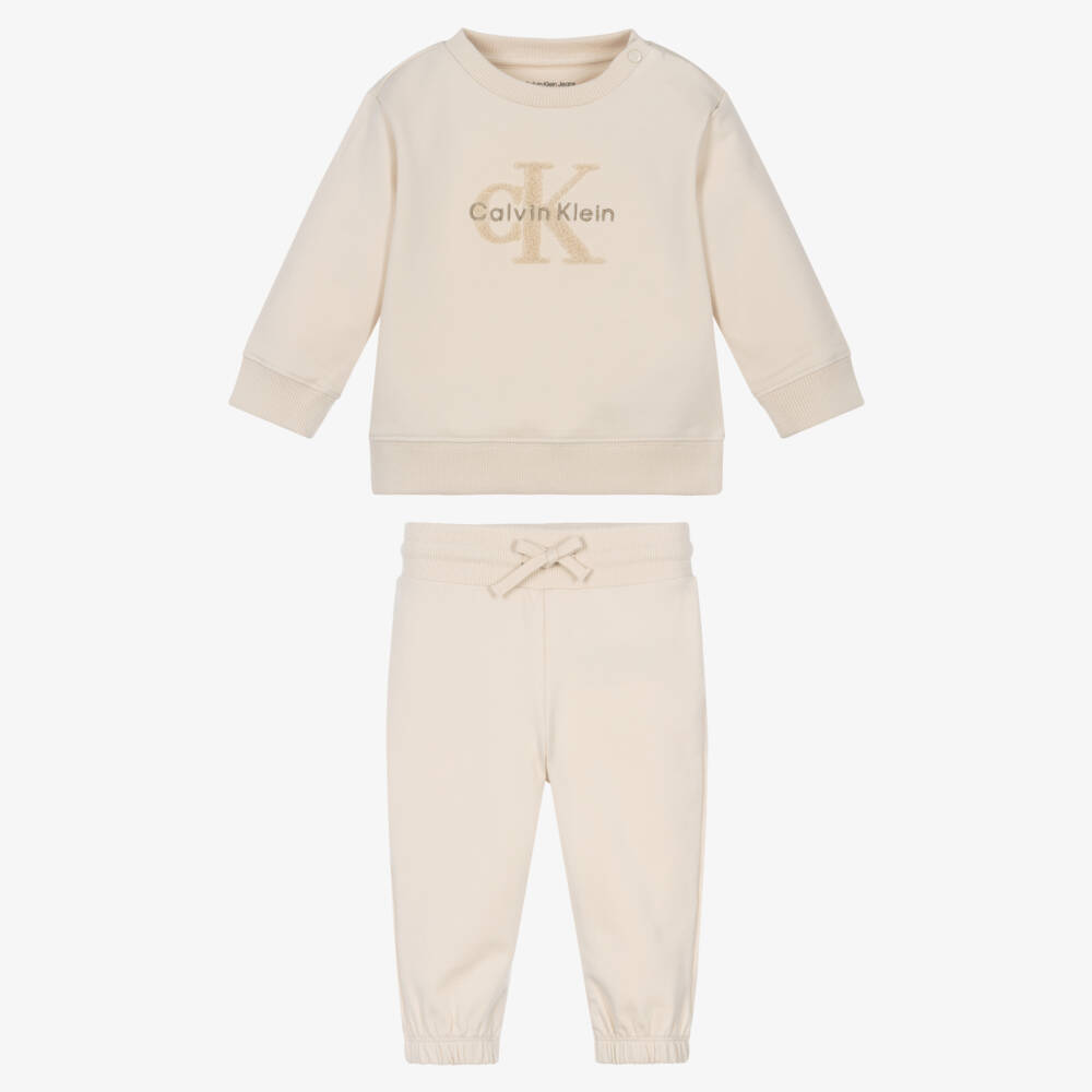 Calvin Klein-Beige Cotton Tracksuit with Bouclé Logo | Childrensalon