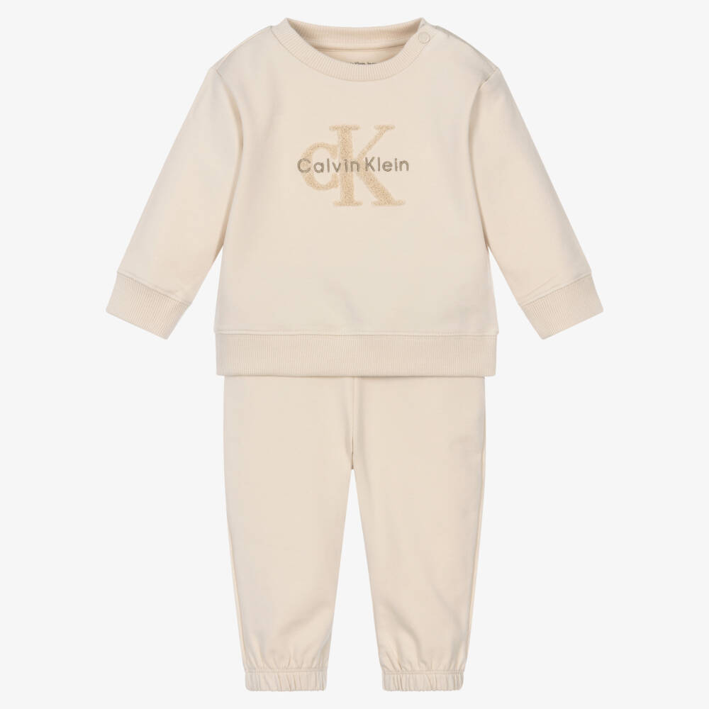 Calvin Klein-Beige Cotton Tracksuit with Bouclé Logo | Childrensalon