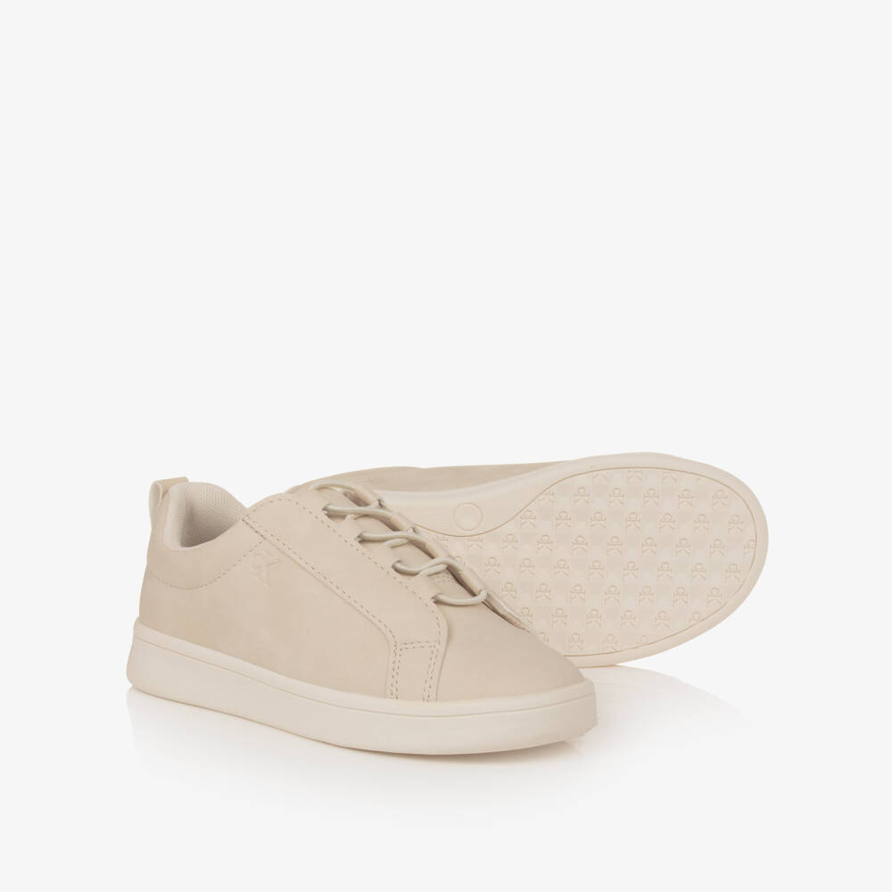 Calvin Klein-Beige Faux Suede Leather Trainers | Childrensalon
