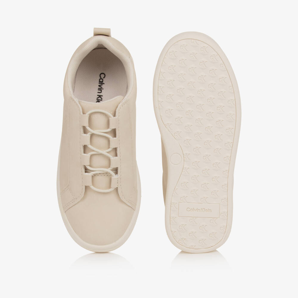 Calvin Klein-Beige Faux Suede Leather Trainers | Childrensalon