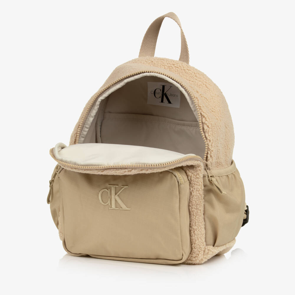 Calvin Klein-Beige Teddy Fleece Backpack (31cm) | Childrensalon