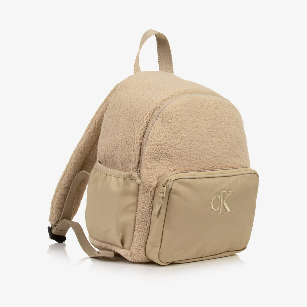 Calvin Klein-Beige Teddy Fleece Backpack (31cm) | Childrensalon