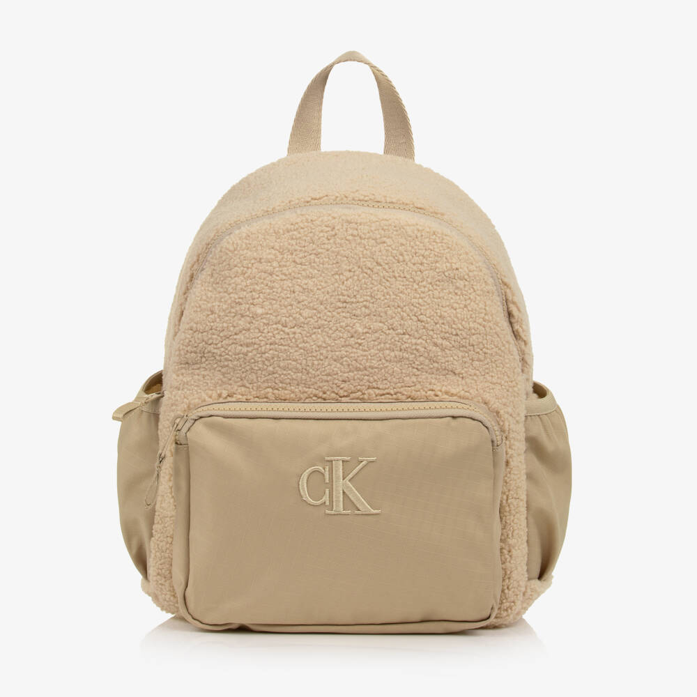 Calvin Klein-Beige Teddy Fleece Backpack (31cm) | Childrensalon