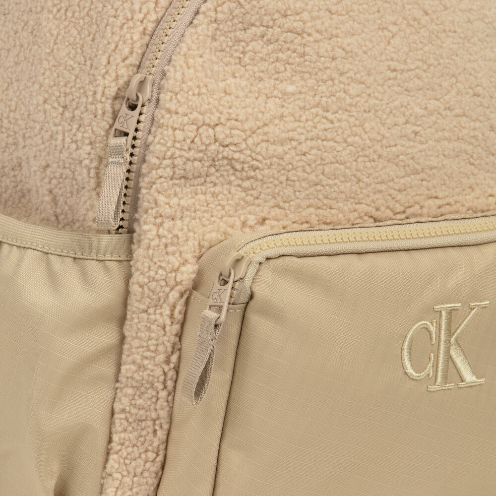 Calvin Klein-Beige Teddy Fleece Backpack (31cm) | Childrensalon