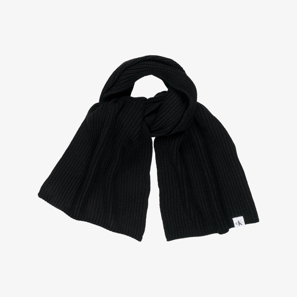 Calvin Klein-Black Chunky Ribbed Knit Scarf with Monogram Logo  | Childrensalon