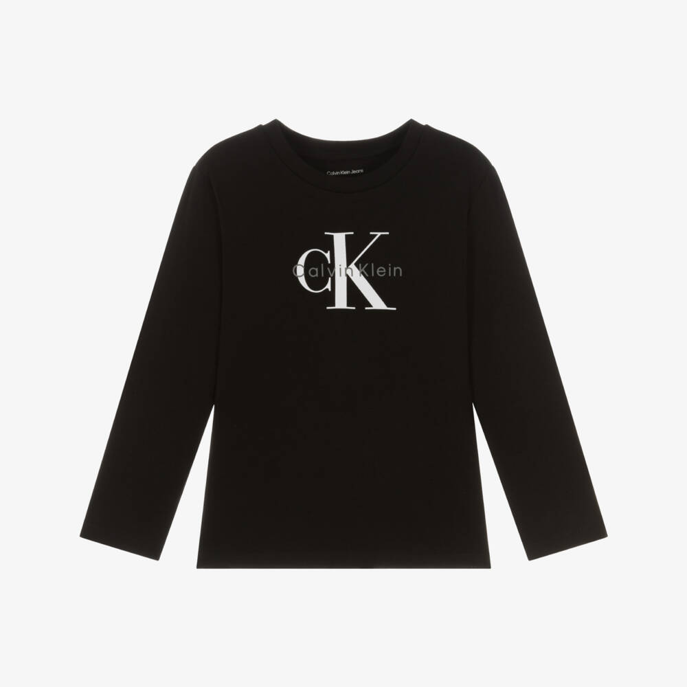 Calvin Klein-Black Cotton Top with Monogram Logo | Childrensalon