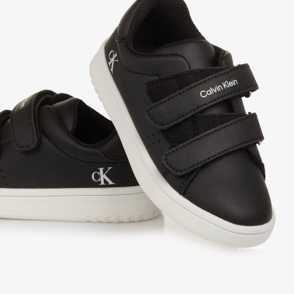 Calvin Klein-Black Faux Leather CK Logo Velcro Trainers | Childrensalon