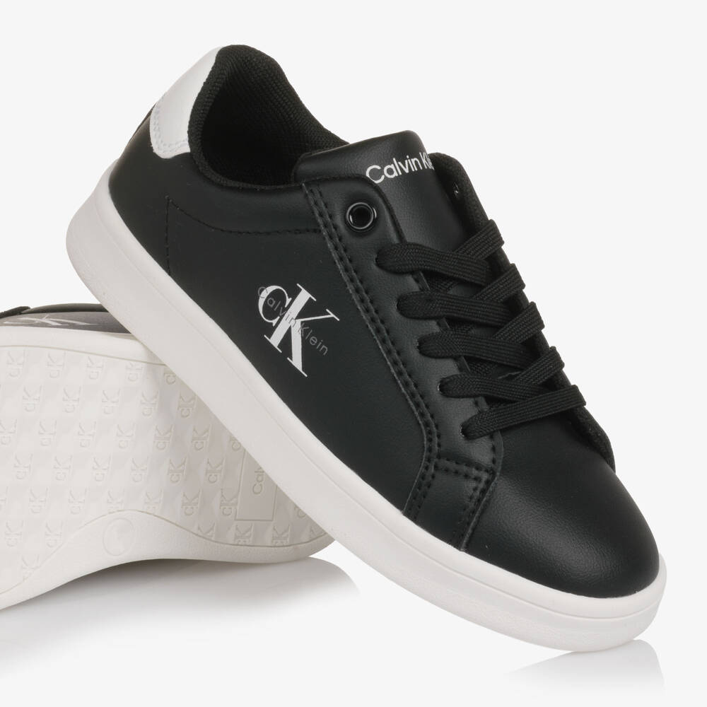 Calvin Klein-Black Faux Leather CK Monogram Lace-Up Trainers | Childrensalon