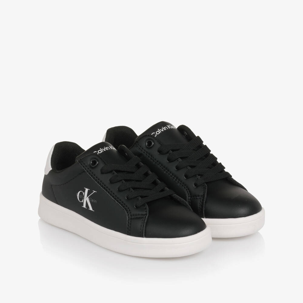 Calvin Klein-Black Faux Leather CK Monogram Lace-Up Trainers | Childrensalon