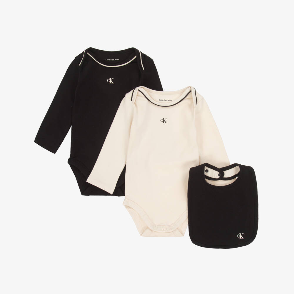 Calvin Klein-Black & Ivory Cotton Bodysuits & Bib Set | Childrensalon