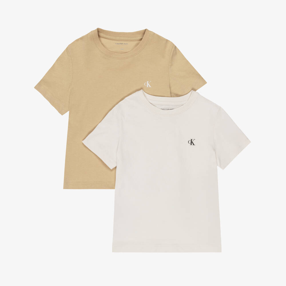 Calvin Klein-Boys Beige Cotton CK Monogram T-Shirts (2 Pack) | Childrensalon