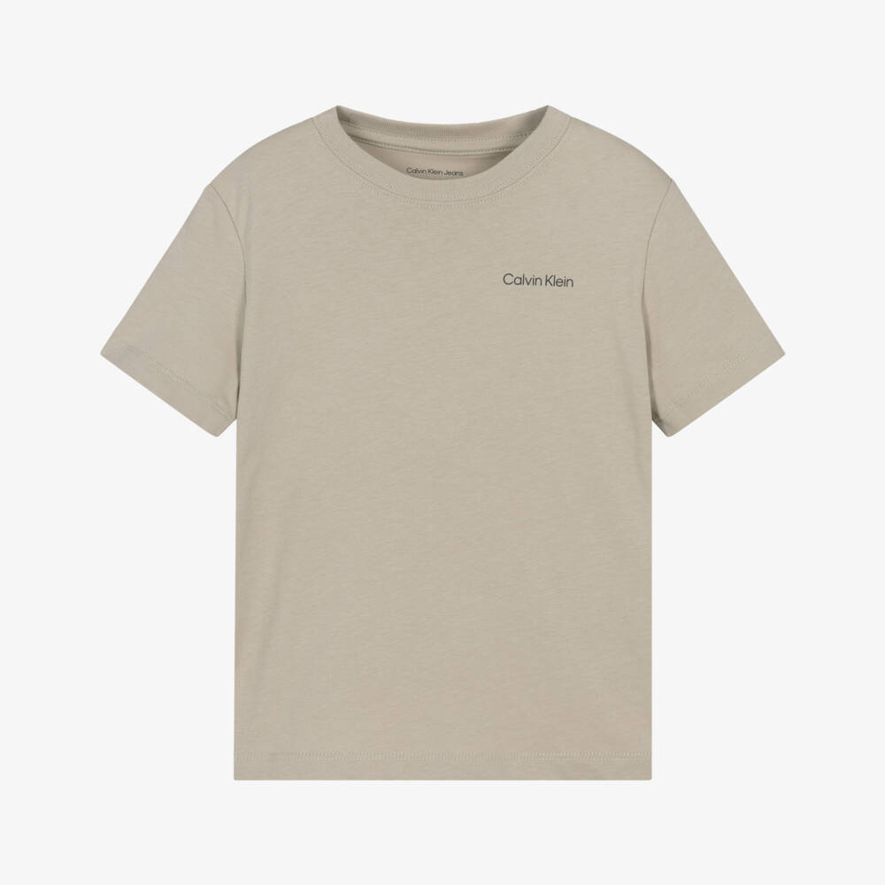 Calvin Klein-Boys Beige Cotton Logo T-Shirt | Childrensalon