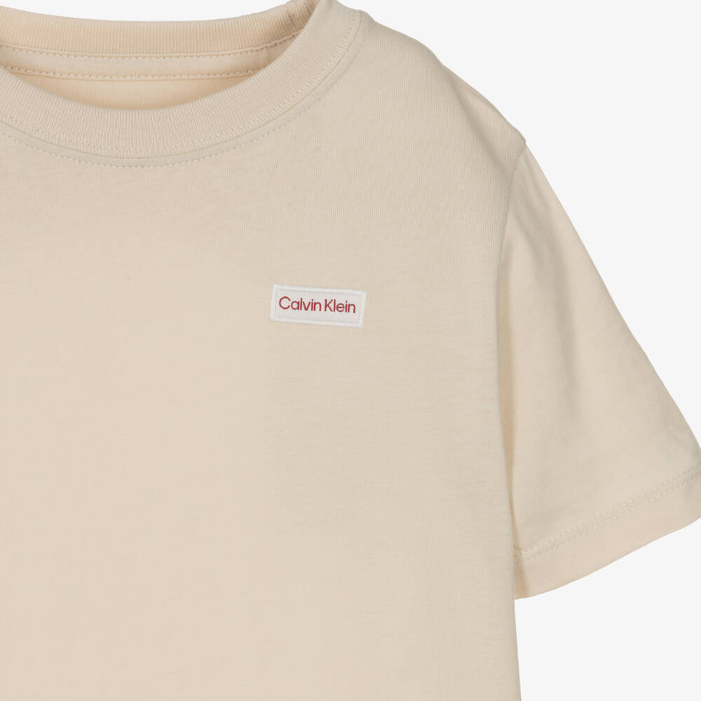 Calvin Klein-Boys Beige Cotton T-Shirt with Logo Patch | Childrensalon
