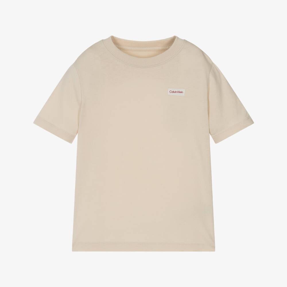 Calvin Klein-Boys Beige Cotton T-Shirt with Logo Patch | Childrensalon