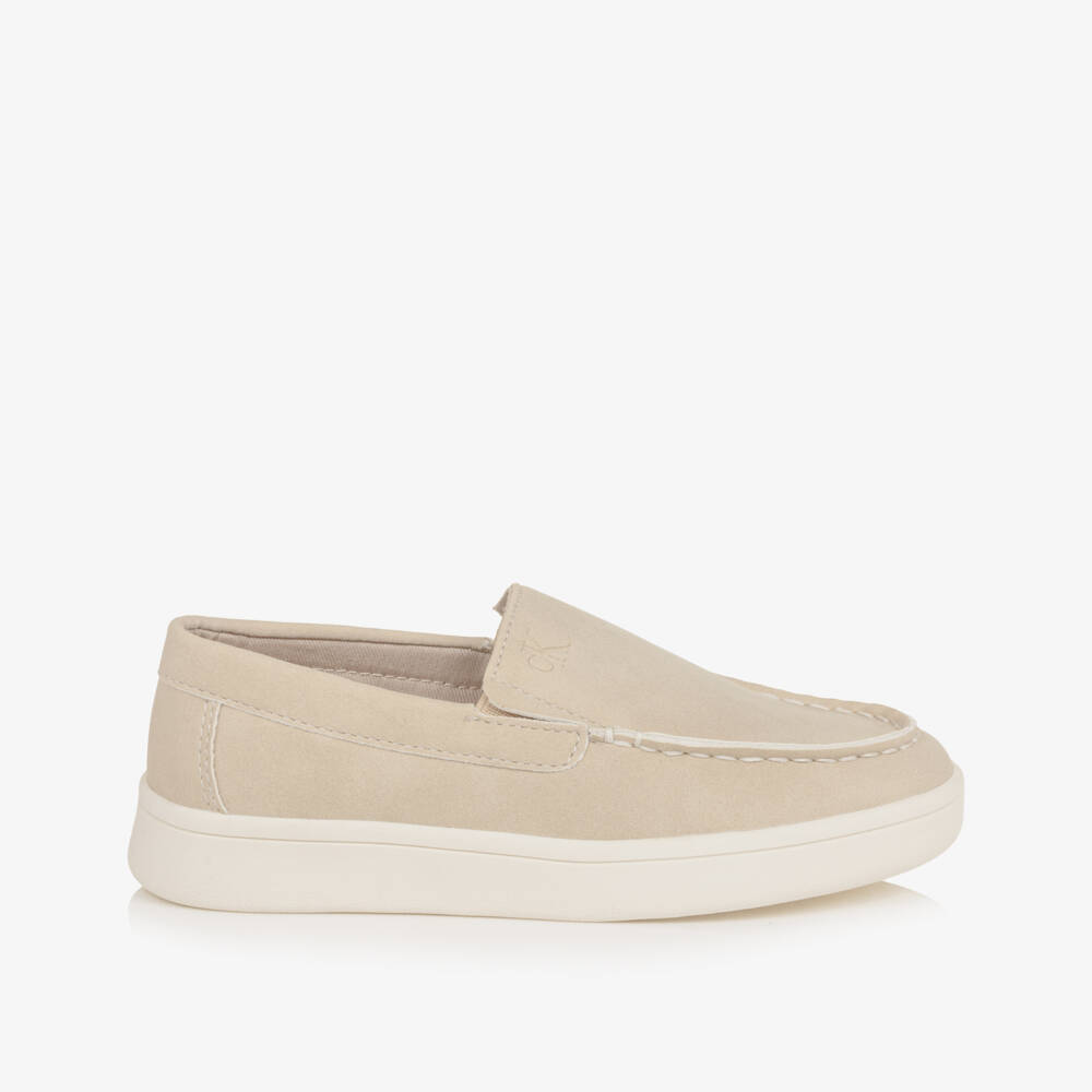 Calvin Klein-Boys Beige Faux Suede Leather Moccasins | Childrensalon