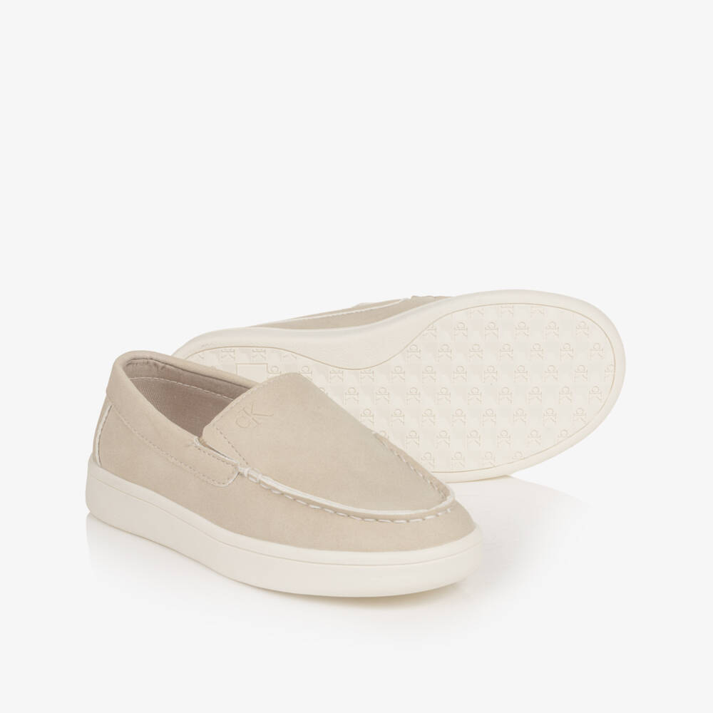 Calvin Klein-Boys Beige Faux Suede Leather Moccasins | Childrensalon