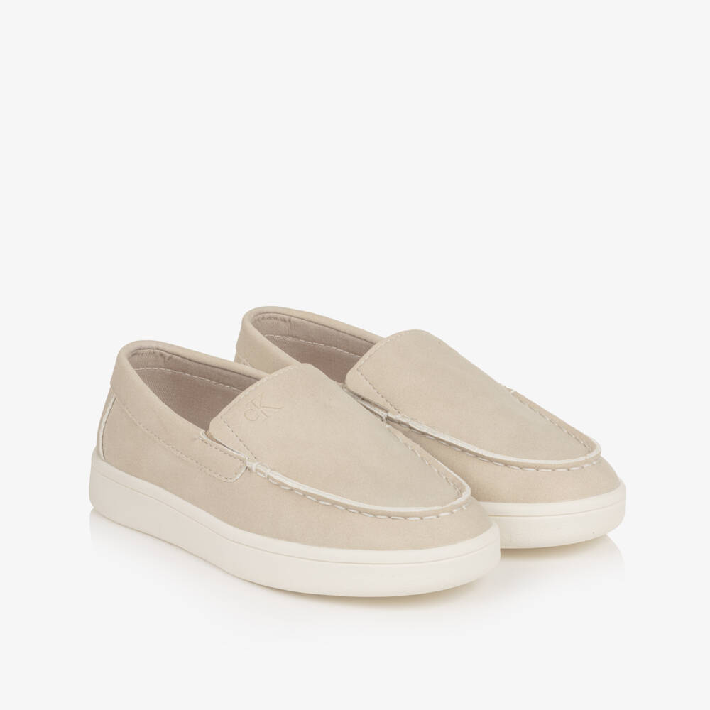 Calvin Klein-Boys Beige Faux Suede Leather Moccasins | Childrensalon