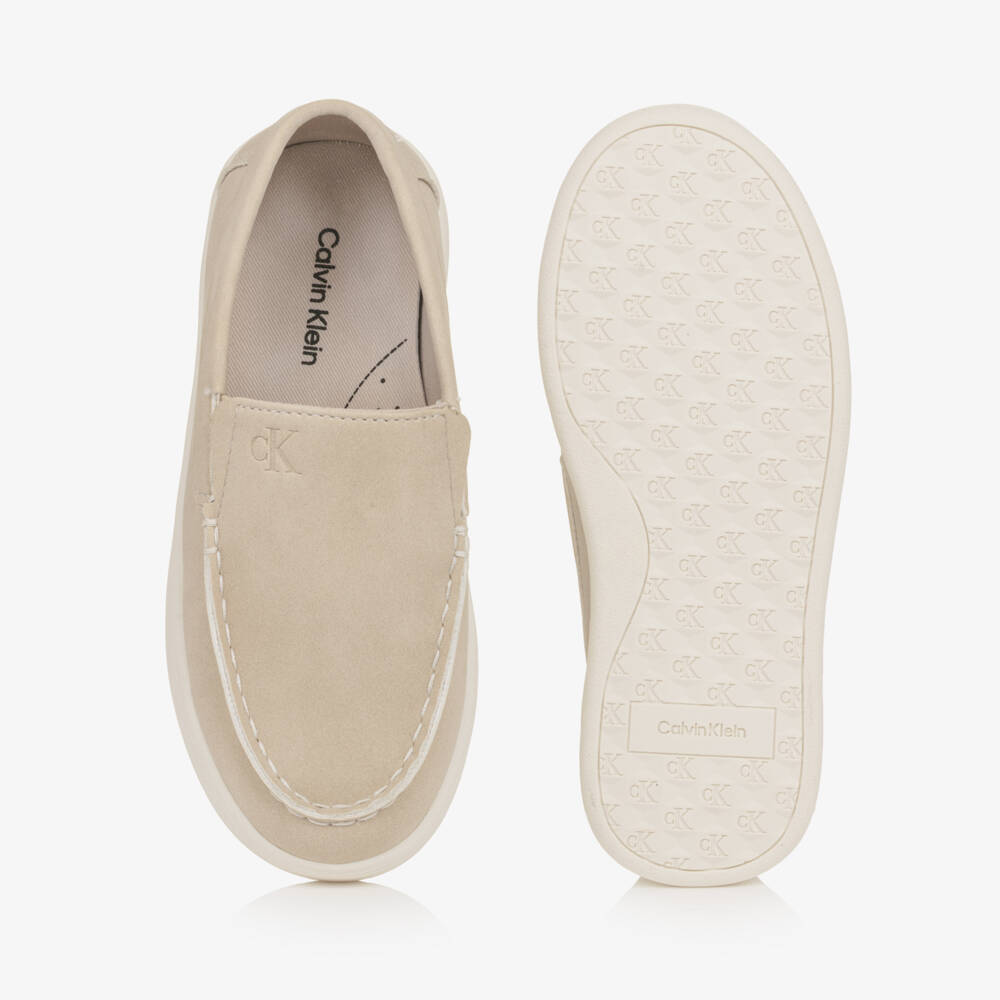 Calvin Klein-Boys Beige Faux Suede Leather Moccasins | Childrensalon