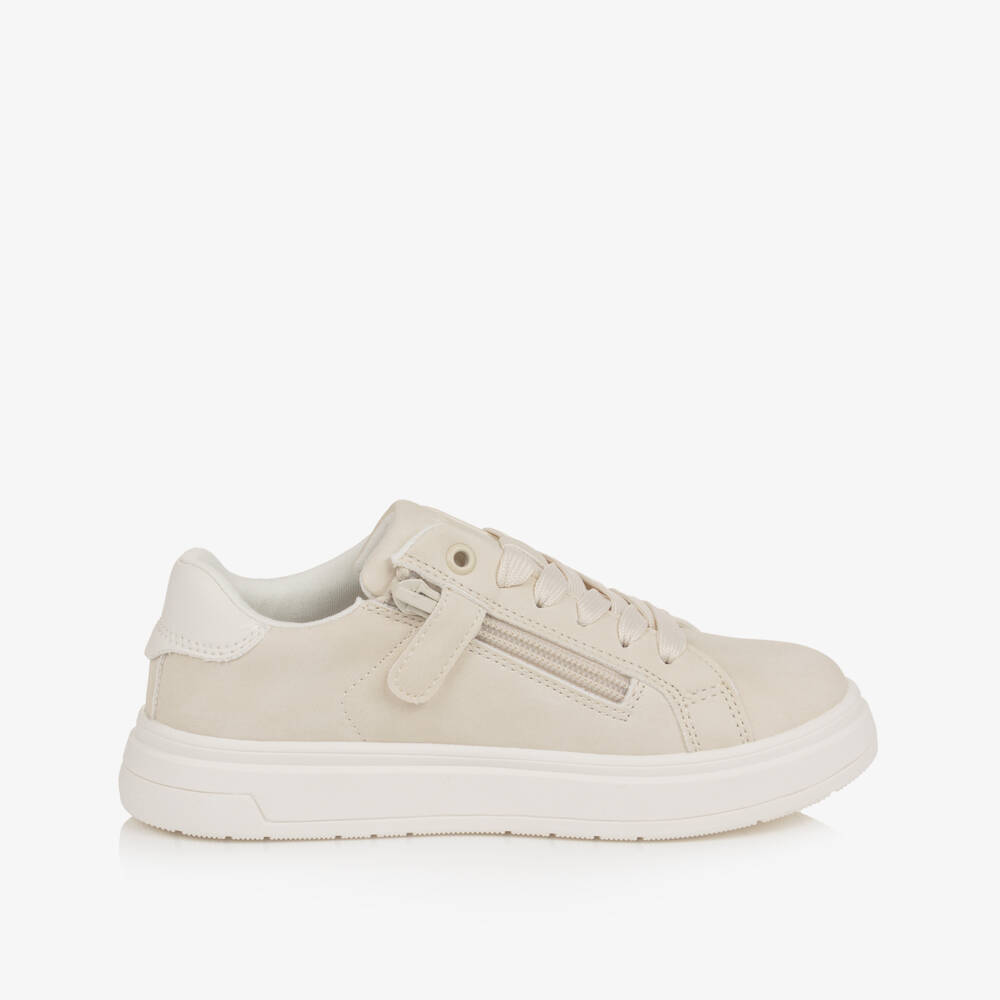 Calvin Klein-Boys Beige Faux Suede Leather Zip Up Trainers | Childrensalon